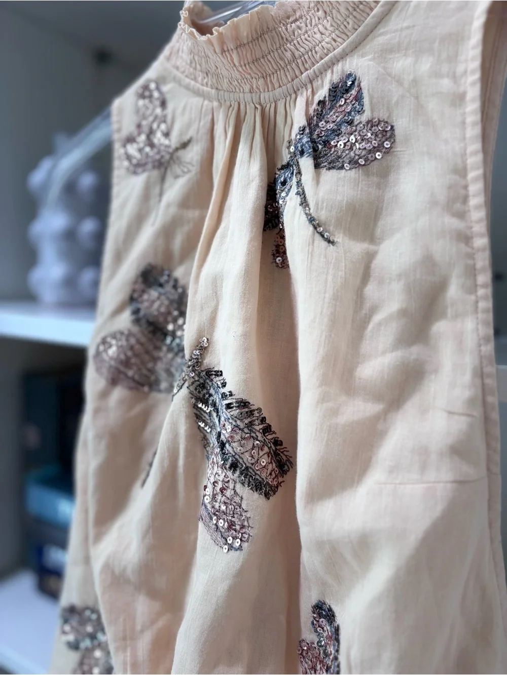 Free People "The Garden" top smocked mock neck sequin dragonfly embroidery S - Picture 5 of 10